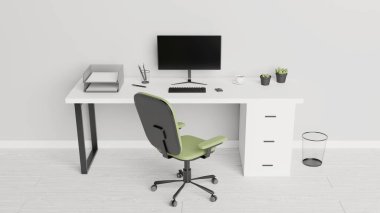 Bilgisayarı, kağıtları, kalemleri, kaktüsleri ve bir fincan kahvesi olan bir masa. Merkez ofis konsepti. 3B görüntüleme.