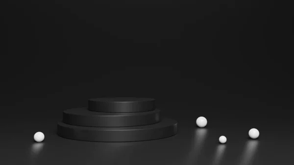 Ürün gösterisi için modern siyah podyum. Beyaz küreli silindir şekilleri. Siyah arka plan. Boş sahne. 3d resimleme.
