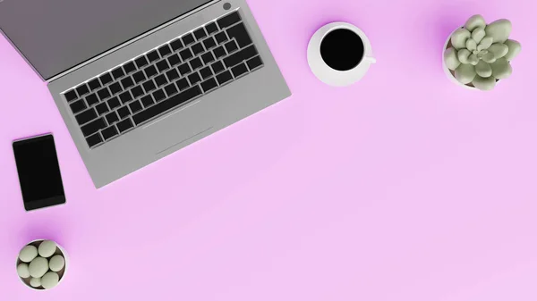 Ноутбук Смартфон Чашка Кофе Цветы Визуализация Концепция Телеработы — стоковое фото