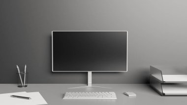Beyaz bilgisayar ekranı, klavyesi, faresi, kağıtları ve kalemleri olan bir masaüstü. Merkez ofis konsepti. 3B görüntüleme.