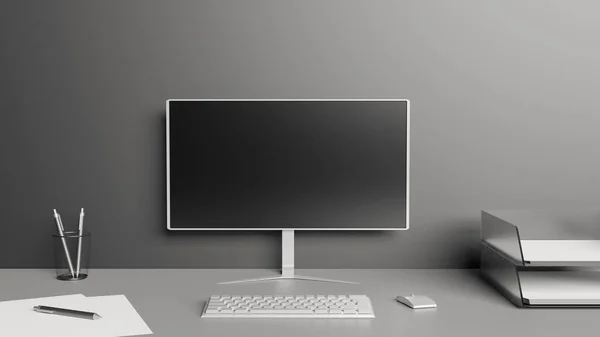 白いコンピュータ画面 キーボード マウス 論文やペンでデスクトップ 内務省の概念 3Dレンダリング — ストック写真