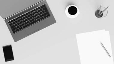 Laptop, akıllı telefon, kalemler, kağıt ve bir fincan kahve. 3 boyutlu görüntüleme. Telesekreter kavramı.