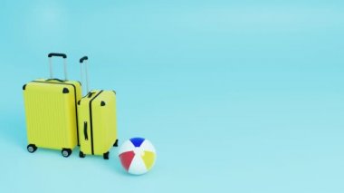 Mavi arka planda iki sarı bavul, bir top bavullara doğru yuvarlanıyor. Yaz ve tatil konsepti. 3 Boyutlu Canlandırma.