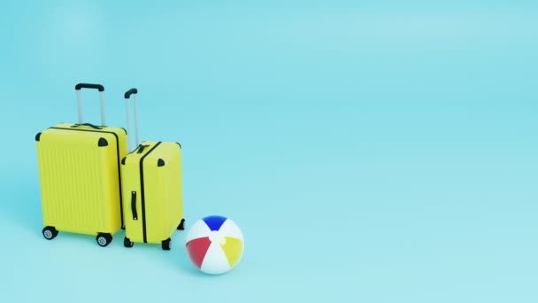 Mavi Arka Planda Iki Sarı Bavul Bir Top Bavullara Doğru — Stok video