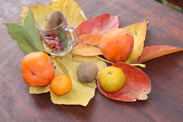 Still Life Fruit Mug Autumn Leaves — Stock Photo, Image