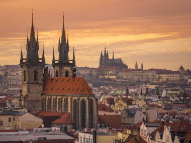 Aerial view of Stare Mesto at sunset, Prague.