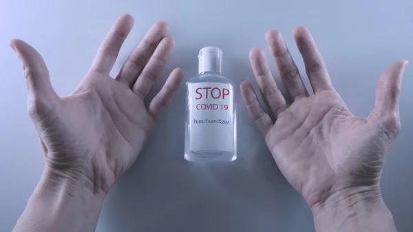 Using Bottle Hand Sanitizer Covid Virus — Stock Photo, Image