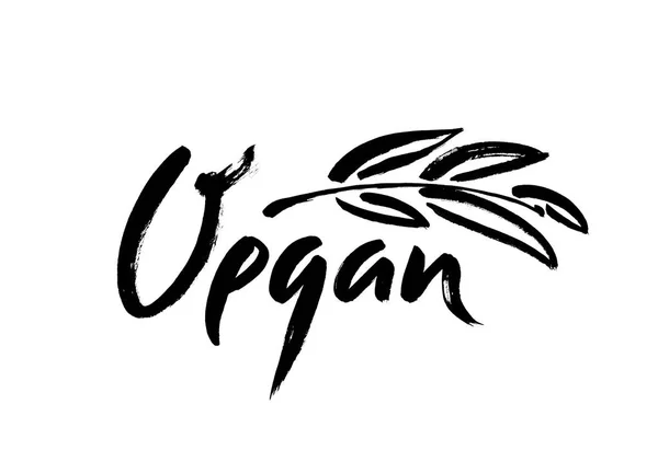 Letras de caligrafía escrita a mano vegana con hoja para el diseño de menú de café. Cepillo de letras Vector ilustración . — Archivo Imágenes Vectoriales