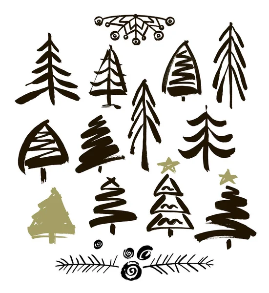 Grunge dessiné à la main des arbres de Noël. Peinture à l'encre — Image vectorielle