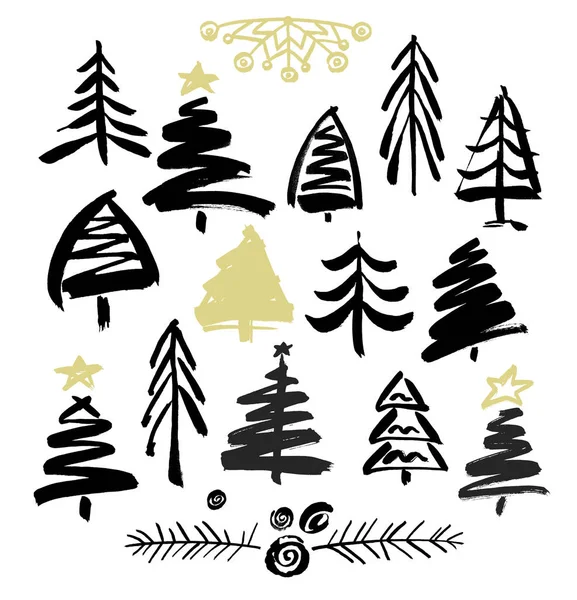 Hand drawn grunge Christmas trees. Ink painting — Stock Vector