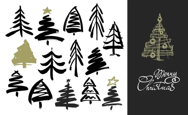 Handgezeichnete Grunge-Weihnachtsbäume. Tuschmalerei — Stockvektor