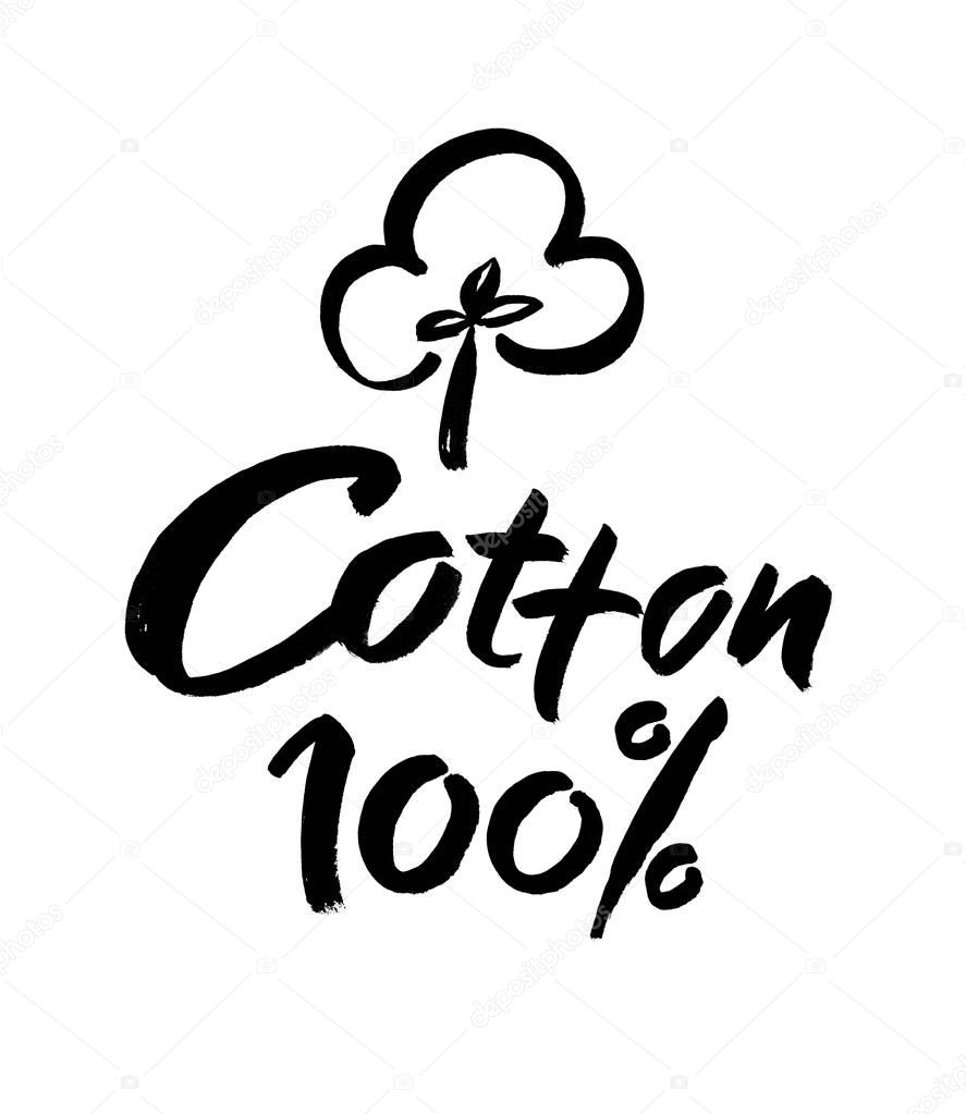 Natural organic cotton vector label, sticker, logo. Isolated icon on white background. Modern brush calligraphy,