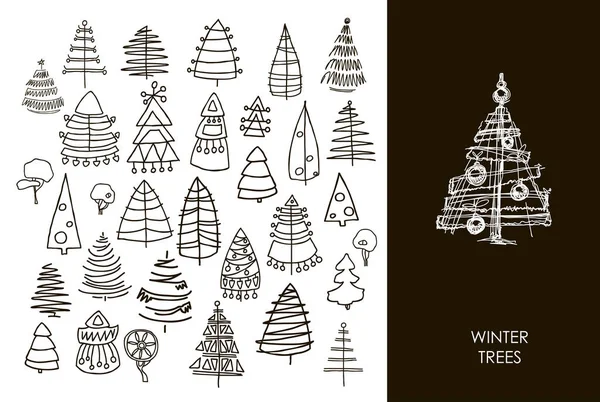 Set of Christmas black trees isolated on white background. Graphic design editable for your design. — Stock Vector