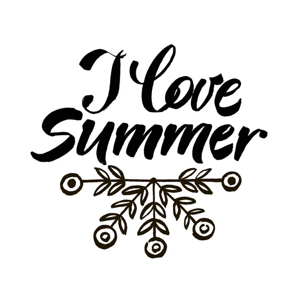 Stampa vettoriale con fiori astratti e scritte. Adoro l'estate. Stendardo tipografico stampabile per il design estivo. Cuore e amore in estate . — Vettoriale Stock