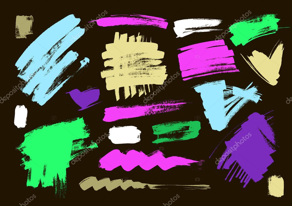 Brush grungy vector abstract hand-painted background. Grunge Brush Stroke. Modern Textured Brush Stroke colorful on a black background. Set