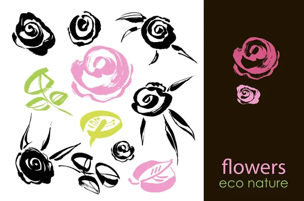 Ensemble de fleurs dessinées à la main, feuilles vertes, croquis et griffes de fleurs et de plantes roses, collection de fleurs vectorielles — Image vectorielle