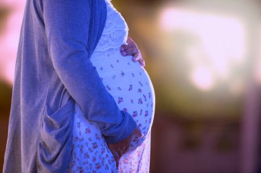 Evinin penceresinin yanında duran güzel hamile bir kadın.