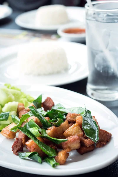 Daging babi goreng dengan daun lintah dan saus cabai — Stok Foto
