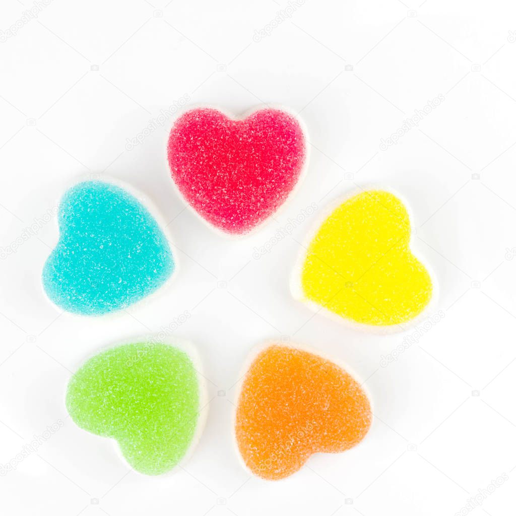Heart candies coated with sugar, heart colorful sweet candies, s