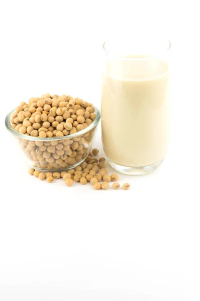 白い背景の上の大豆の豆と豆乳 — ストック写真