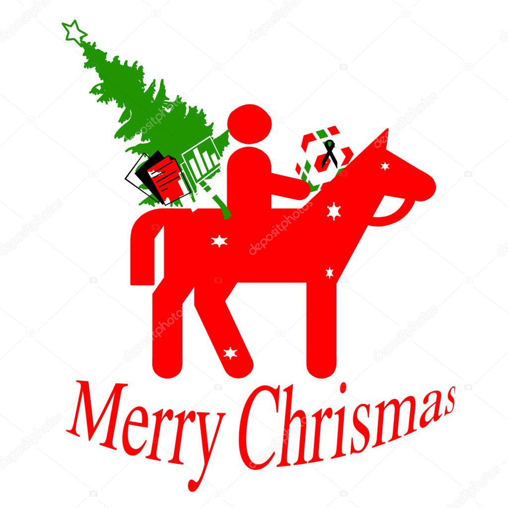 Santa Claus on horseback with Christmas tree and gifts