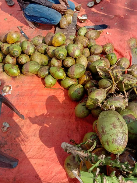 Puesto de carretera crudo y maduro de coco en la India —  Fotos de Stock