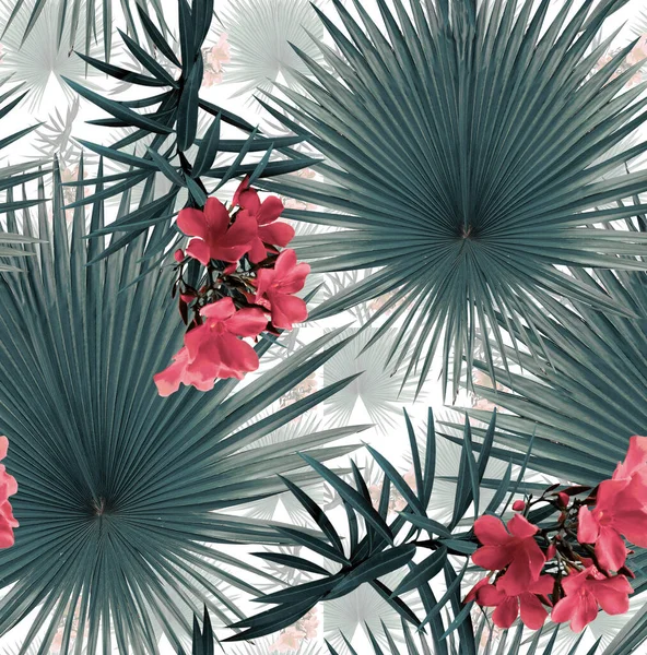 Foglie Tropicali Oleandri Fiore Modello Senza Soluzione Continuità — Foto Stock