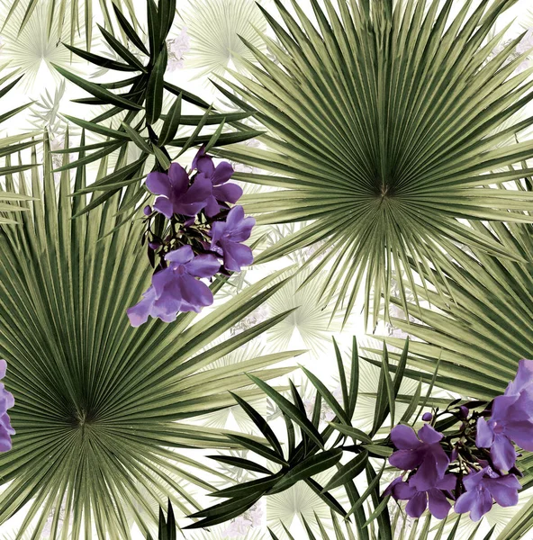 Kokosnussblätter Und Oleanderblüten Nahtloses Muster — Stockfoto