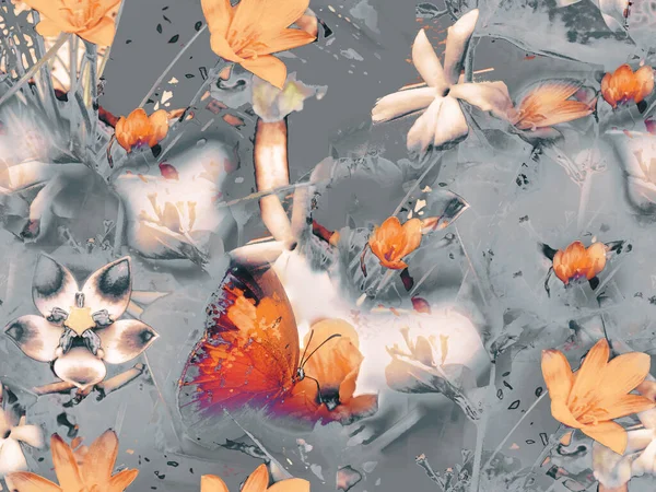 Dunkelrote Und Graue Blumen Und Schmetterlinge Auf Der Basis Nahtloser — Stockfoto