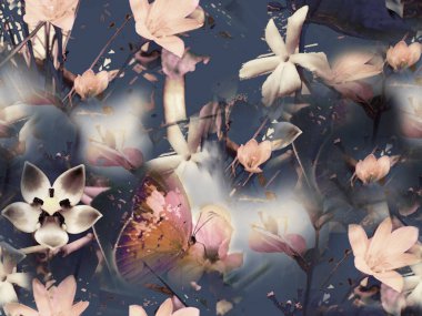 çiçek ve kelebek tabanlı kusursuz soyut desenli kumaş tasarımı