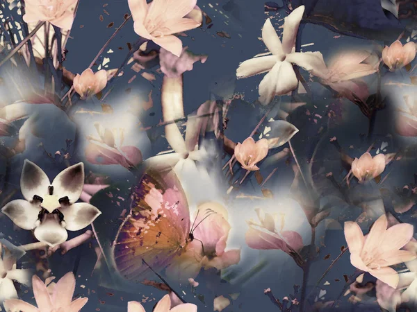 Fleur Papillon Base Conception Tissu Sans Couture Motif Abstrait — Photo