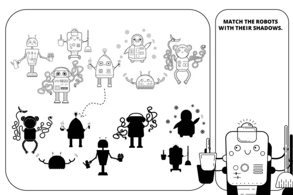 Kolorowanki zarys strony puzzle dla dzieci w wieku przedszkolnym. Znajdź właściwą grę cień. Pasuje. Roboty dla dzieci. Czerń i biel — Wektor stockowy