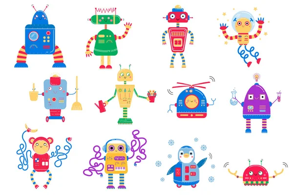 Color image of cute cartoon robots. Vector set for kids — Stock Vector