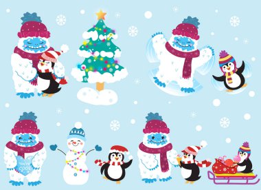 Tatlı Kar Yeti ve arkadaşı penguen Noel 'i ve yeni yıl vektörlerini kutluyorlar. Kışlık kıyafetlerle. Işık arkaplanında izole.
