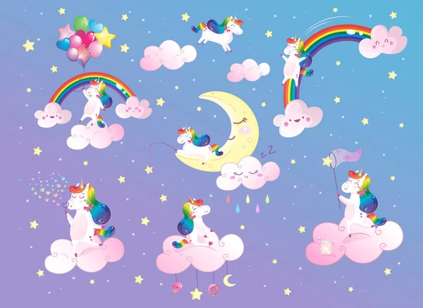 Cute magical rainbow unicorn with stars and clouds vector set. Isolated cartoon collection of decoration for kids. Sticker pack — Stock Vector