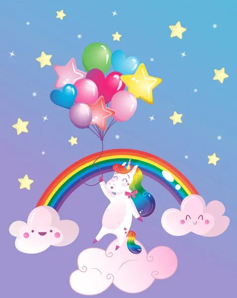 Mignon arc-en-ciel magique licorne avec ballons, arc-en-ciel, nuages et étoiles. Tirage vectoriel de bande dessinée pour enfants . — Image vectorielle