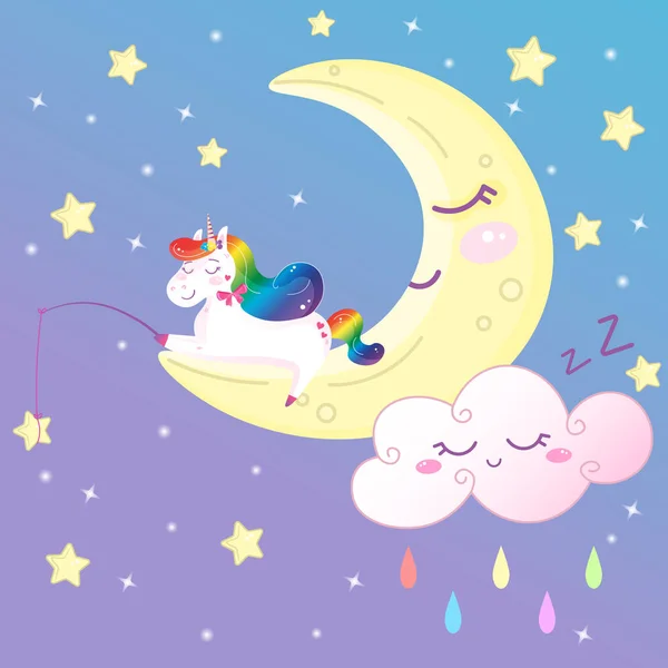 stock vector Cute magical rainbow unicorn on the moon catching stars. Cartoon vector print decoration for kids