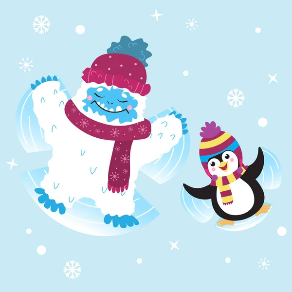 Aranyos hó jeti és pingvin csinál hó angyalok vektor kép. Téli ruhákkal. — Stock Vector