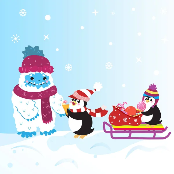 可爱的雪雪人和两只企鹅与甜蜜的礼物在雪橇矢量图像。 穿着冬衣. — 图库矢量图片