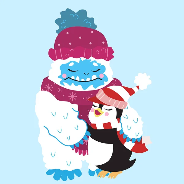 Linda nieve yeti y pingüino abrazo imagen vectorial. Con ropa de invierno. Aislado sobre fondo claro — Vector de stock