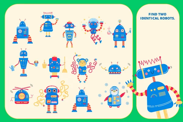 Seite mit farbigen visuellen Puzzles für Vorschulkinder. finden identische Bilder Spiel. Roboter für Kinder. — Stockvektor