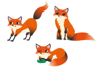 Tatlı çizgi film vahşi tilki vektör seti. Tilki farklı duruşlarda. Oturmak, yalan söylemek ve tilki avlamak. Çocuklar için orman hayvanları. Beyaz arkaplanda izole