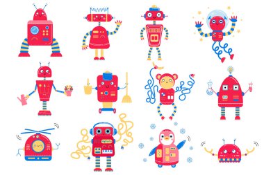 Sevimli kırmızı çizgi film robotlarının renkli görüntüsü. Çocuklar için tek renkli vektör ayarlandı. Beyaz arkaplanda izole