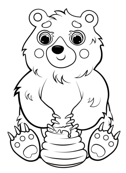 Coloring page outline of cartoon bear with honey. Vector image isolated on white background. Coloring book of forest wild animals for kids. — Stock Vector