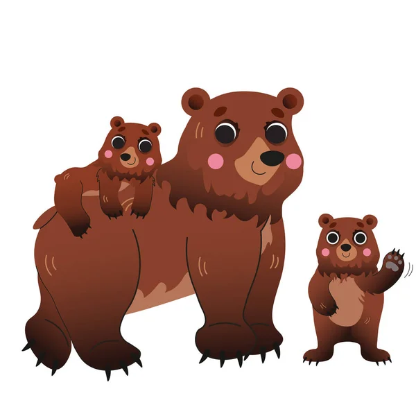Linda imagen de vector de la familia oso de dibujos animados. Bear mamá con sus cachorros. Animales del bosque para niños. Aislado sobre fondo blanco — Archivo Imágenes Vectoriales