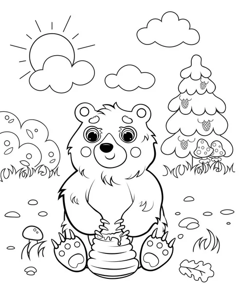 Zbarvení stránky obrys kresleného medvěda s medem. Vektorový obraz s pozadím lesa. Zbarvení knihy lesních volně žijících zvířat pro děti. — Stockový vektor