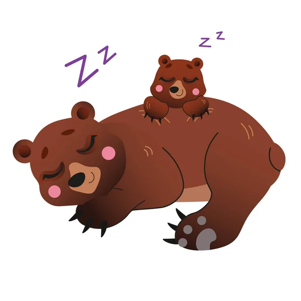 Lindo dibujo animado durmiendo osos imagen vectorial. Bear mamá con su cachorro. Animales del bosque para niños. Aislado sobre fondo blanco — Vector de stock