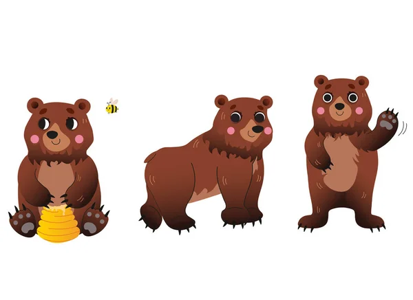 Cute cartoon bear vector set. Bear in different postures. Bear with honey, greeting bear, walking bear. Forest animals for kids. Isolated on white background. — Stock Vector