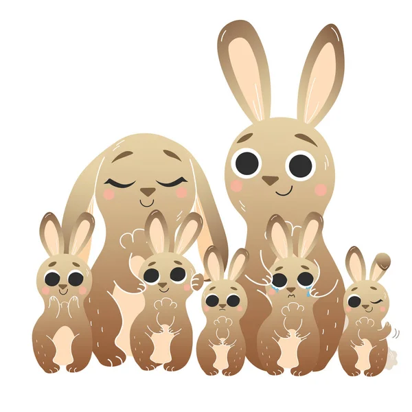 可爱的卡通野兔家庭矢量图像. 男的和女的棕色的兔子带着他们的长裙。 快乐的兔子。 森林动物为孩子。 因白人背景而被隔离 — 图库矢量图片
