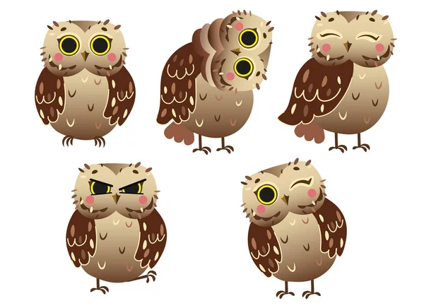 Cute cartoon owl vector set. Funny little forest owl in different postures. Forest animals for kids. Isolated on white background. — Stock Vector